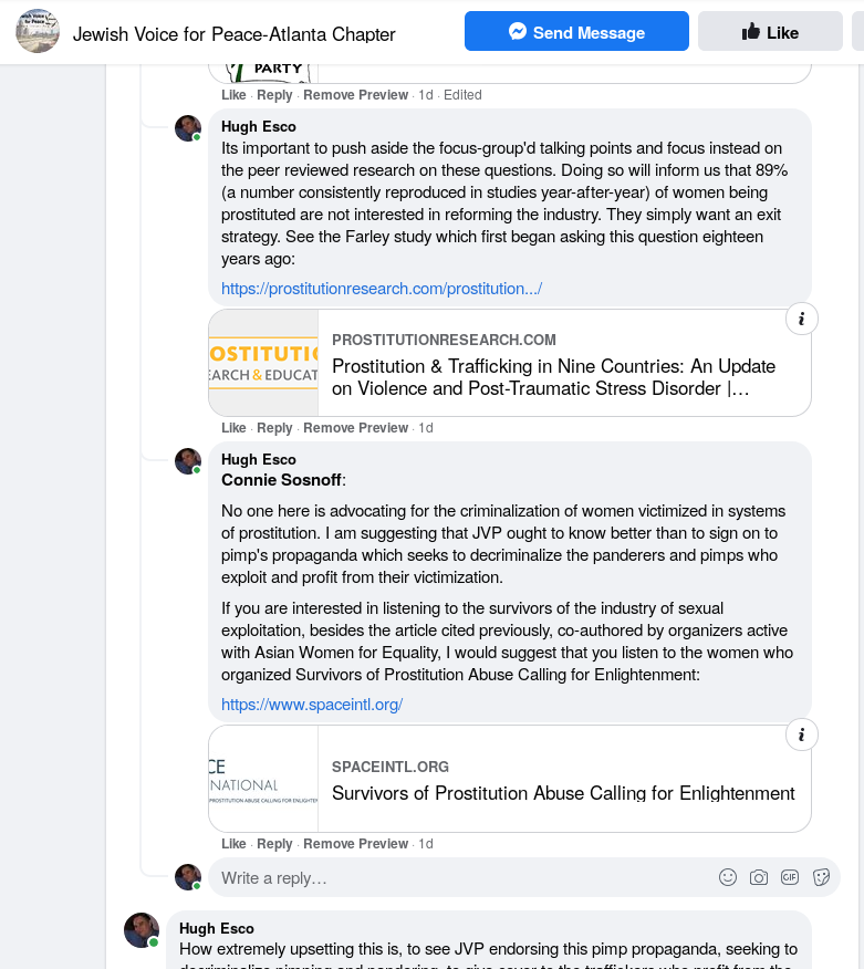 Hugh Esco cites survivors as sources in challenge to JVP-Atlanta support for pimp's lobby.
