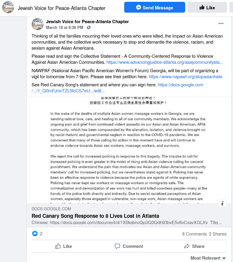 Jewish Voices for Peace Atlanta endorses Red Canary Song sign-on letter